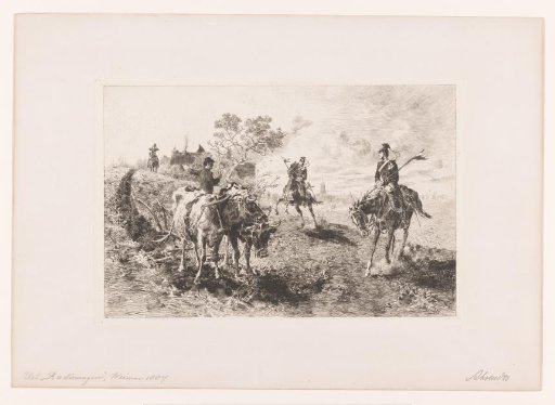 Ploughing farmer shows two uhlans the way at Müncheberg