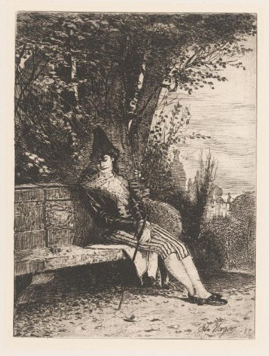 Man dressed as Harlequin, sitting in a park
