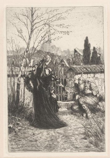 Woman with child gives a beggar an alms in front of the entrance to a cemetery