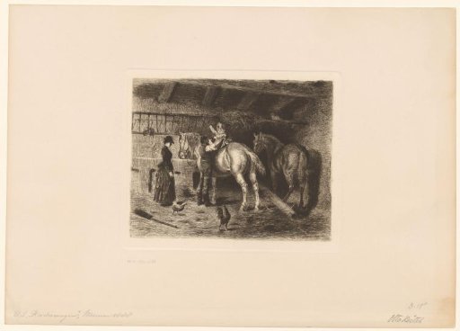 Family in a stable with two horses