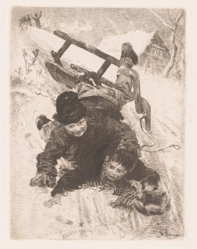 Two boys falling off a sled