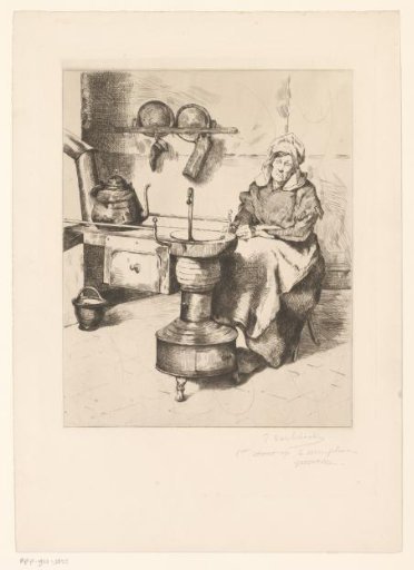 Woman warming her feet by a stove in the kitchen