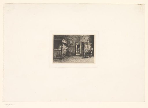 Historical interior with two figures in bed and a man seated at a writing desk