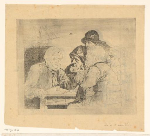 Sailors seated at a table listening to one of them