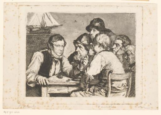 Sailors seated at a table listening to one of them