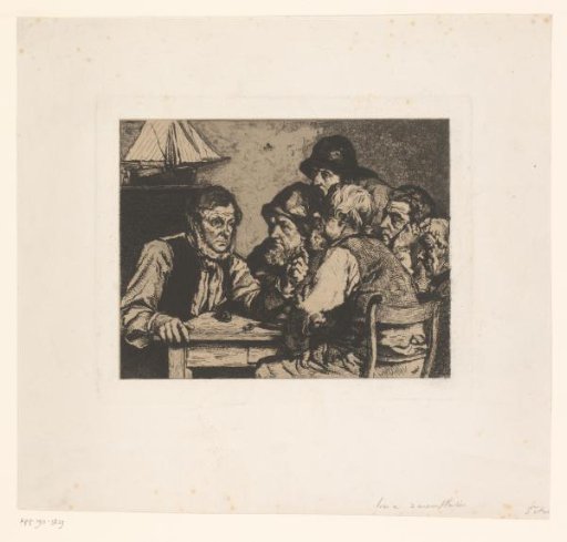 Sailors seated at a table listening to one of them