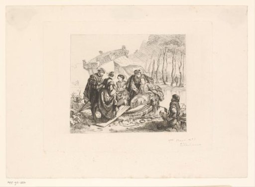 Man and woman step into a boat with a canopy with a group