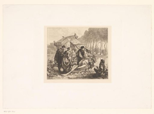 Man and woman step into a boat with a canopy with a group