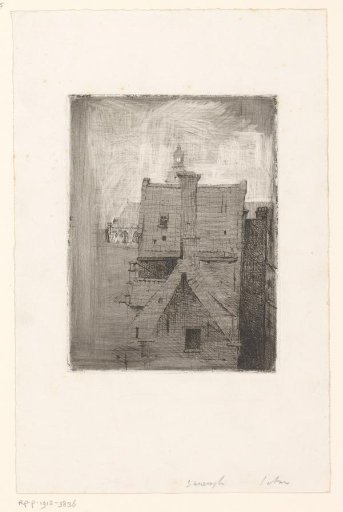 View of roofs with a chimney, a church in the background