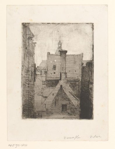 View of roofs with a chimney, a church in the background