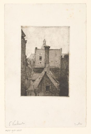 View of roofs with a chimney, a church in the background