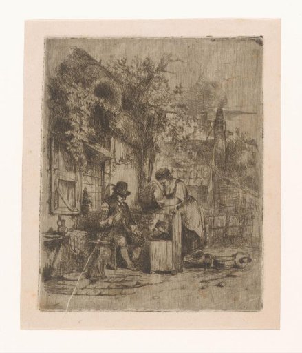 Street Scene with a Seated Man and a Woman Scrubbing a Kettle