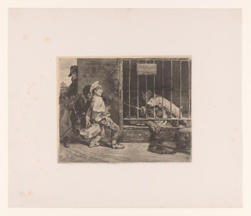 Two boys teasing a lion