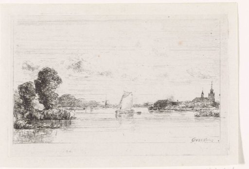 Sailing ship near a village