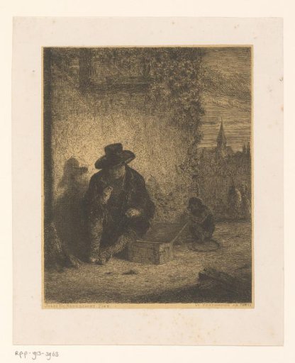 Man with a hat seated on the corner of a street near a chest and a monkey