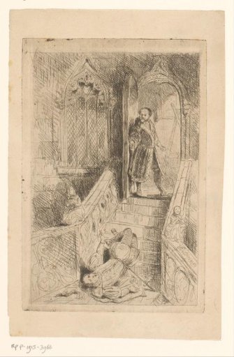 Hans Holbein at the top of a staircase with a fallen man at the bottom