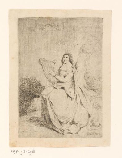 Woman playing the lyre seated by a tree