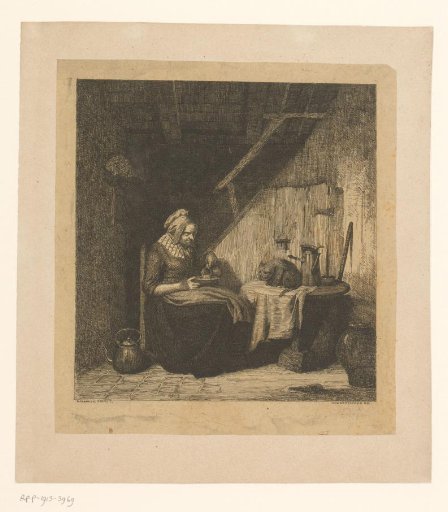 Interior with a cat on the table and a woman pouring milk