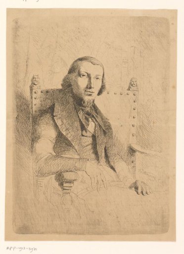 Portrait of an unknown man in an armchair before a bookcase