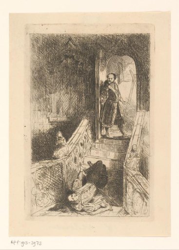 Hans Holbein at the top of a staircase with a fallen man at the bottom