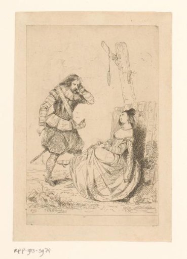 Soldier standing by a woman seated under a gallows