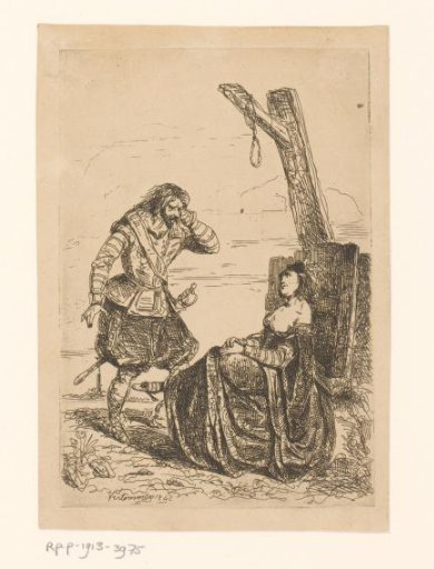 Soldier standing by a woman seated under a gallows