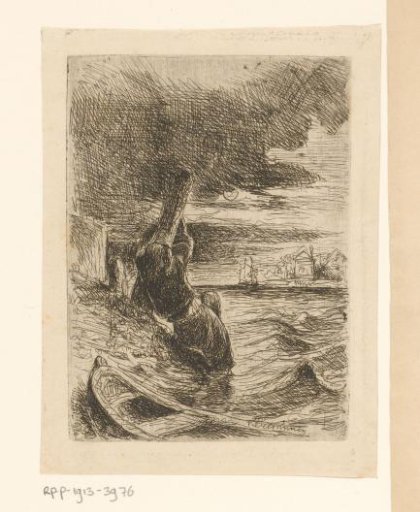 Shipwrecked man clinging to a pole along the shore