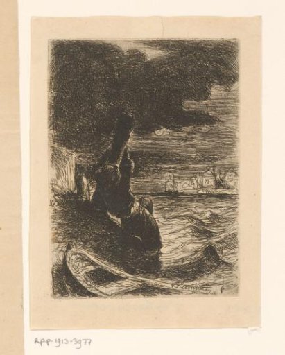 Shipwrecked man clinging to a pole along the shore
