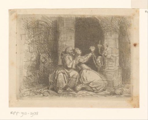 Monk seizing a chained, praying woman by the shoulders
