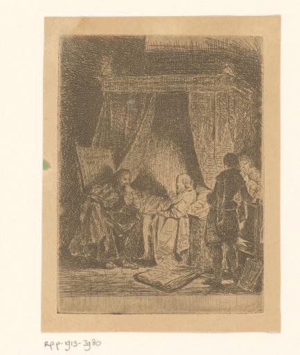 Old man in bed in conversation with a man in a chair