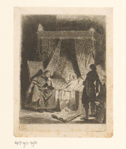 Old man in bed in conversation with a man in a chair