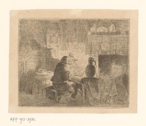 Interior with two men reading at a table with a jug