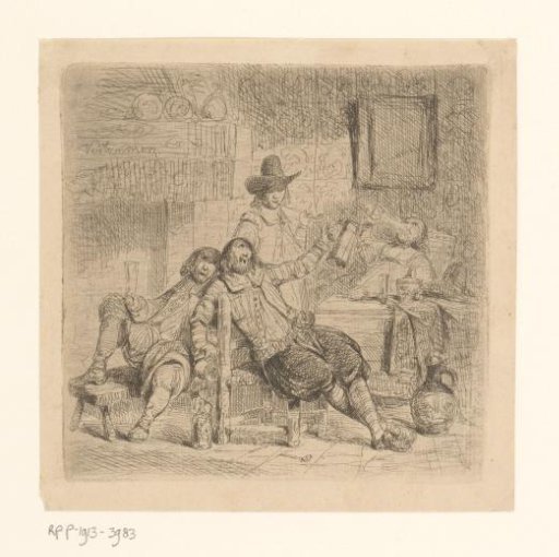 Interior with four drinking men