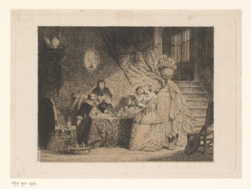 Interior with two young women viewing a design by the artist seated at a table beside a standing woman