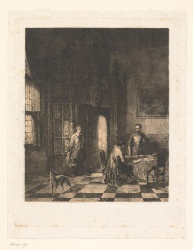 Three men and a dog in the aldermen's hall in the town hall of Oudenaarde