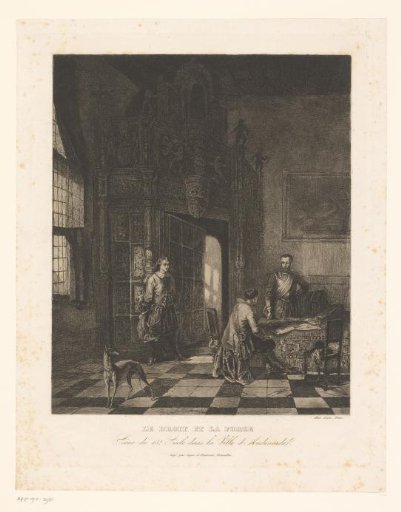 Three men and a dog in the aldermen's hall in the town hall of Oudenaarde
