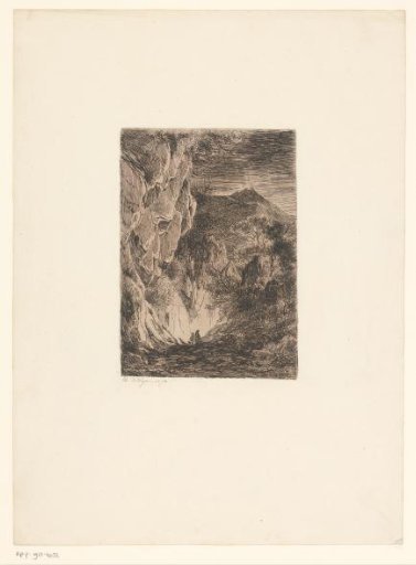 Mountain landscape with figures on a road along a rock wall