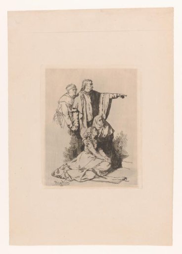 Two Men, One Pointing, Standing Behind Two Women Seated on the Ground