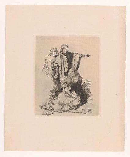 Two Men, One Pointing, Standing Behind Two Women Seated on the Ground