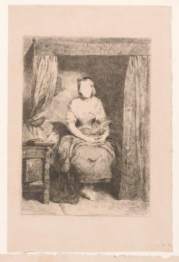 Young woman seated on a bed