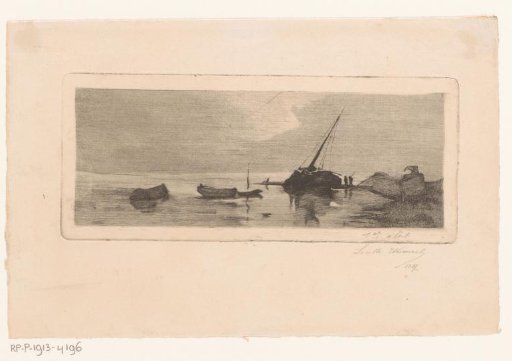 Coastal view with two figures near a ship
