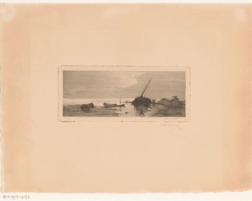 Coastal view with two figures near a ship