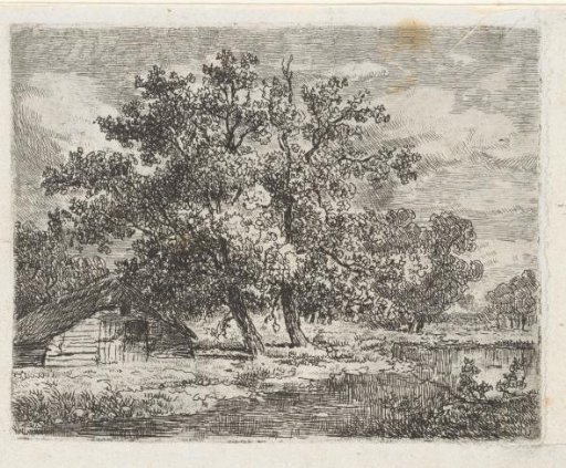 Wooden hut under two trees