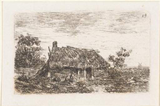 Two figures in front of a building with a thatched roof