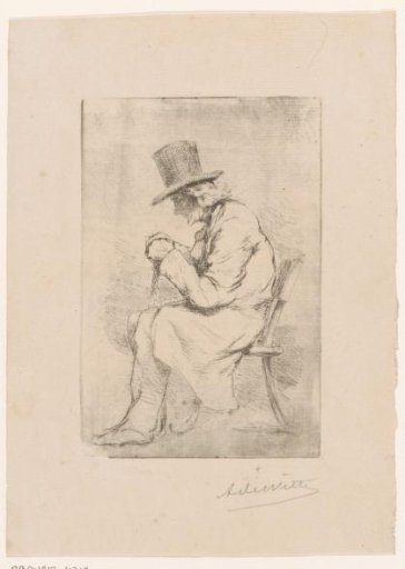Old man with hat and walking stick seated on a chair