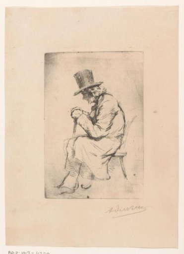 Old man with hat and walking stick seated on a chair