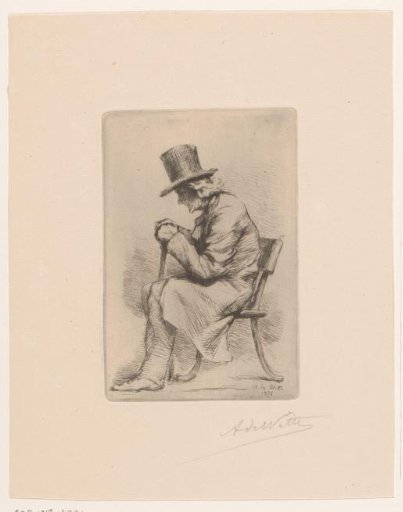Old man with hat and walking stick seated on a chair
