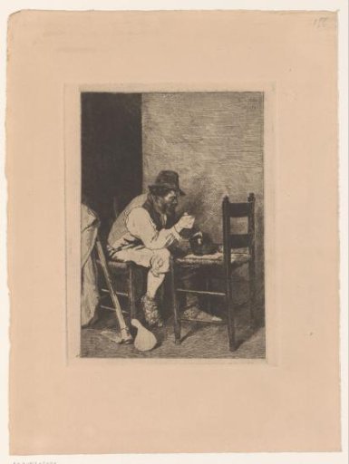 Man with hat eating from a pot seated on a chair
