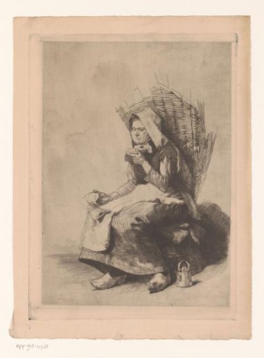 Woman with a Basket on Her Back Blowing Over a Dish