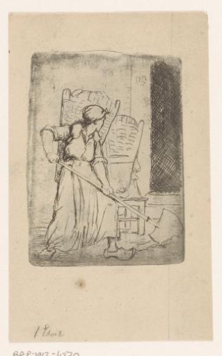 Woman in clogs with a shovel and a basket on her back
